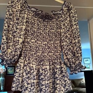 Max Studio Smocked Blue and White Floral Top